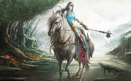 Heroine - woman, horse, forest, heroine, fantasy