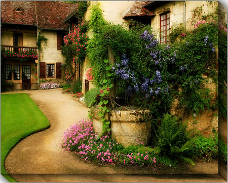 Cotswold Gardens - gardens, flowers, house, path, cotswold england