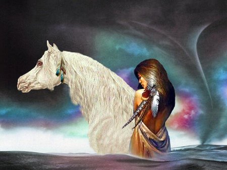 Tornado Coming - river, stormy sky, tornado, indian lady, horse