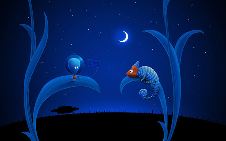 alien and chameleon - moon, sky, night, leaf, plants, space ship, cg, alien, abstract, blue, anime, gecko, contact, humor, chameleon