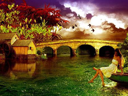 Summer's Eve - lady, evening, waterwheel, river, canoe, summer, bridge, birds