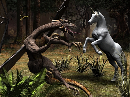 The fight - cg, horse, fantasy, monster, computer art, dragon, 3d, unicorn