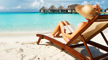 relaxing on the beach - summer, people, beach, island, sand, isle, SkyPhoenixX1, holiday, bungalow, ts, tropic, sky, sun chair, sun, women, clouds, water, relaxing, vacation, beaches, girl, sea, sunshine, ocean, pier, girls, chilling, nature, tropical, woman, huts