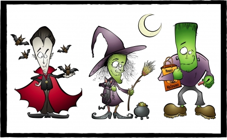 Happy Halloween - moon, black cat, bats, hat, cat, monster, bag, vampire, happy halloween, candy, caldron, halloween, witch, broom, cape, frankenstein