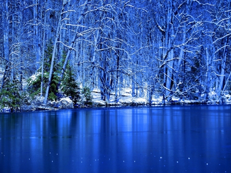 Beautiful Blue Lake in Winter - nature, lakes, trees, snow, blue, winter