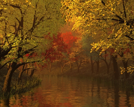 Autumn River and Trees - nature, autumn, trees, forests, rivers