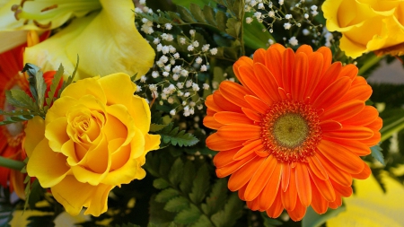 Lovely Bouquet - nature, yellow, roses, orange, flowers, bouquet