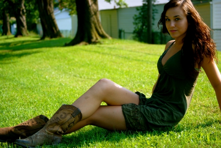 Country Never Looked So Good - boots, grass, trees, cowgirl