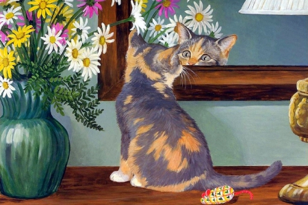 ..Kitten in the Mirror.. - adorable, cat, animals, draw and paint, lovely, creative pre-made, kitten, love four seasons, art, pretty, mirror, cats, colors, paintings, flowers, cute