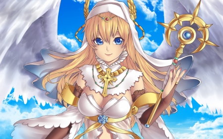 White Angel - pretty, wand, anime, female, wing, blonde, angel, blond hair, long hair, rod, blond, hd, nice, sky, blue eyes, anime girl, beautiful, hot, staff, girl, blonde hair, beauty, lovely, sweet, cg, white, wings, cloud, sexy