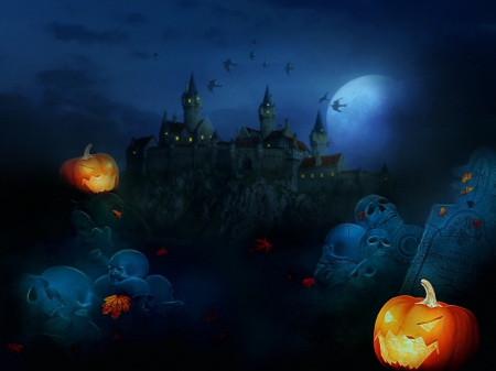 Halloween - halloween, pumpkins, dark, artwork, castle, night, lights, spooky