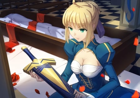 Excalibur - nice, saber, beauty, female, hot, knight, blond, anime girl, blade, s sexy, blond hair, pretty, blonde hair, petals, anime, excalibur, sword, girl, dres, long hair, lovely, fate stay night, beautiful, weapon, sweet, blonde