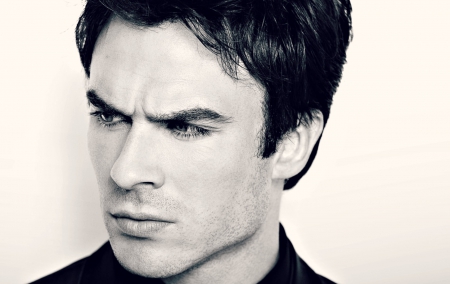 Ian Somerhalder - actor, blue, tv series, man, vampire diaries, black, white, Ian Somerhalder, face, damon