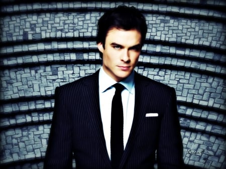 Ian Somerhalder - actor, by cehenot, blue, tv series, man, vampire diaries, black, Ian Somerhalder, damon