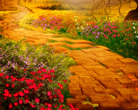 Long Path - path, flowers, nature, way