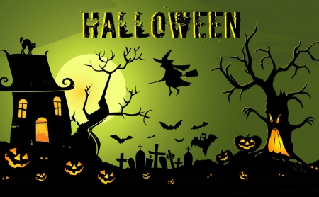 Happy Halloween - pumpkins, tombstones, bats, house, moon, trees, ghost, black cat, Halloween, cat, witch, black, cemetery, graveyard, green, jack o lanterns, graves, full moon