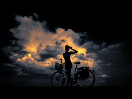 Girl and her Bicycle - girl, bicycle, shadow, sky