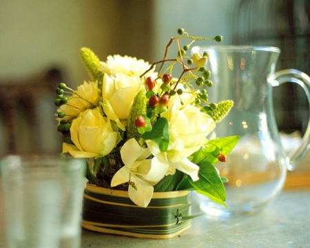 Yellow Flowers - flowers, yellow, rose, petals, jar