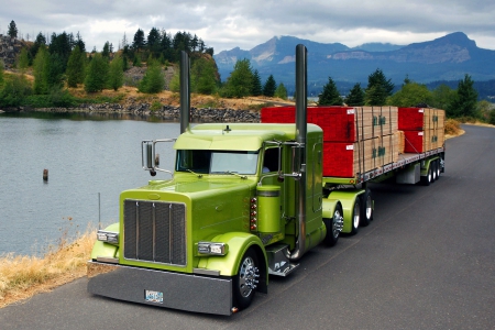 Lime Green Tractor Trailer - pete, semi, truck, trailer