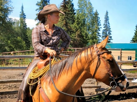 Beautiful Day On The Ranch - women, style, fun, girls, fence, cowgirls, hats, outdoors, western, horses, ranch