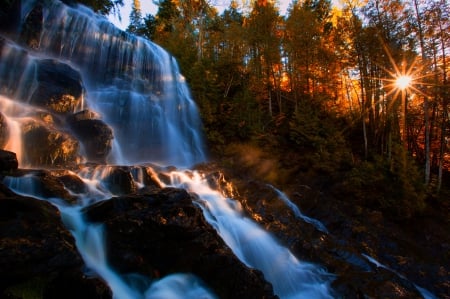 Autumn Waterfall - morning, autumn, sky, sunshine, skyphoenixx1, trees, sun, waterfalls, waterfall, rocks, nature, forest, woods, water leaves