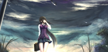 Cloudy Sky - walk, beautiful, long ahir, anime girl, girl, scenery, cloud, blouse, pretty, beauty, sweet, anime, dress, sky, stand, bag, nice, skirt, lovely, black hair, scene, female