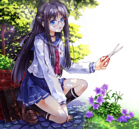 Pair of Scissors - pretty, anime, female, uniform, nice, anime girl, skirt, girl, lovely, sweet, flower, school uniform, blouse, longhair, glasses, black hair, scissor, floral