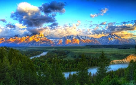 Snake River Sunrise - forest, valley, beautiful, grand teton national park, snowy peaks, clouds, river, field, mountain range, sunrise