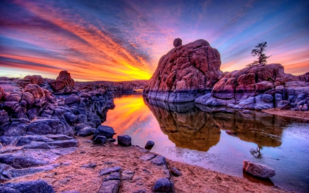 AMAZING SKY behind the ROCKS - golden colors of nature, evening, splendor, landscape, sunrays, lake, beautiful evening, sky, sun, clouds, water, fields, nature, sunset, enchanting nature, mountains, rocks