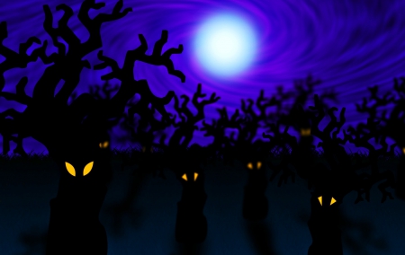 Happy Halloween! - moon, branch, blue, eyes, night, tree, dark, cat, black, fantasy, halloween