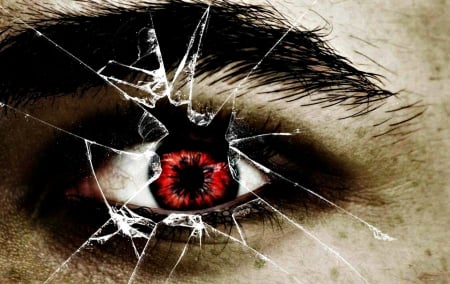 Boo! - red, glass, broken, fantasy, window, halloween, eye, vampire