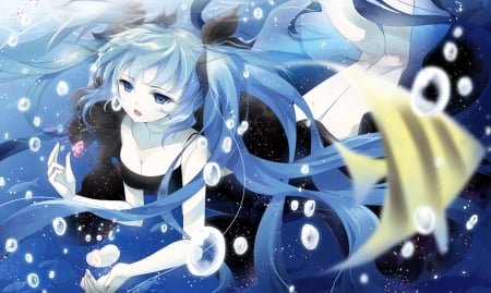 Deep Sea - pretty, anime, vocaloid, twin tail, female, miku hatsune, blue, twintail, dress, hatsune miku, long hair, nice, twin tails, anime girl, water, twintails, beautiful, girl, sundress, beauty, lovely, sweet, black, miku, underwater, bubbles, aqua hair, vocaloids