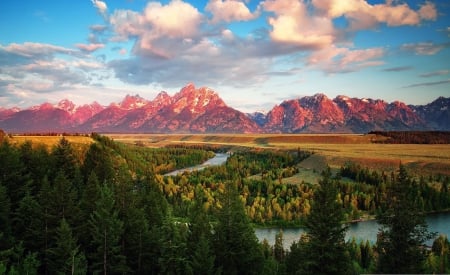 Sunshine over Beautiful Mountain and River - clouds, trees, nature, rivers, sunshine, mountains