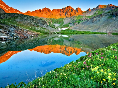 LAKE at SUNRISE in SAN JUAN MOUNTAINS with FLOWERS - lake, sky, wild flowers, landscape, mountains, nature, reflection, clouds, splendor, enchanting nature, lovely flowers