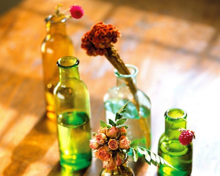 Flowers and Bottles - flowers, floor, green, bottles