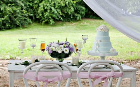 Table Setting for Wedding - flowers, food, wedding, table, cake, glass