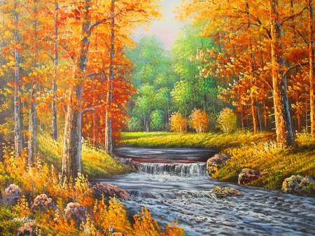 Autumn serenity - autumn, trees, riverbank, peaceful, stream, colorful, foliage, creek, painting, fall, art, calmness, river, golden, shore, lovely, serenity, nature, forest, beautiful, leaves