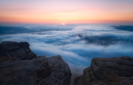 First Light - sky, landscape, mountain, clouds, sunrise