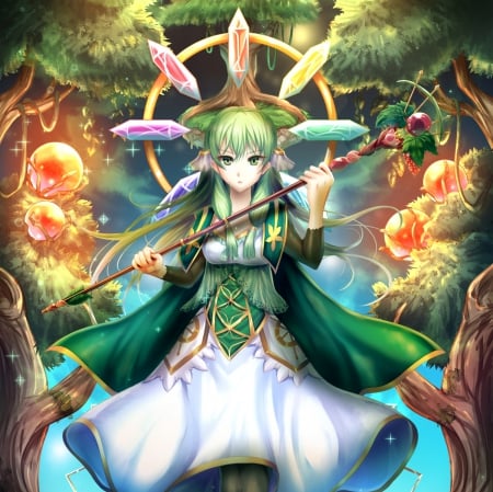 Forest Guradian - nice, beauty, female, magic, wand, anime girl, fantasy, armor, pretty, anime, green, tree, magician, girl, light, magical, long hair, rod, staff, gown, lovely, cg, hd, glow, forest, beautiful, weapon, sweet, green hair, dress