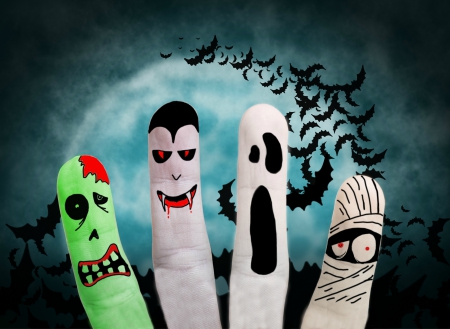 Happy Halloween - clouds, moon, ghost, mummy, Happy Halloween, fingers, Halloween, vampire, bats, full moon