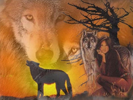 Wolf Spirit - wolf, native american, tree, lady