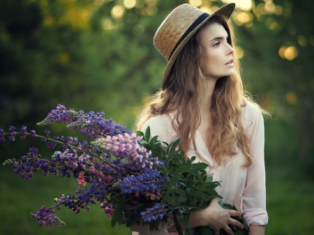 With her purple flowers - flowers, beautiful, blonde, girl