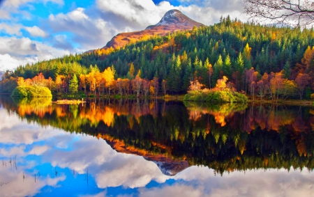 Autumn Lake, Scotland - clouds, trees, beautiful, colors, forest, reflection, fall, peaceful afternoon, lake, mountains