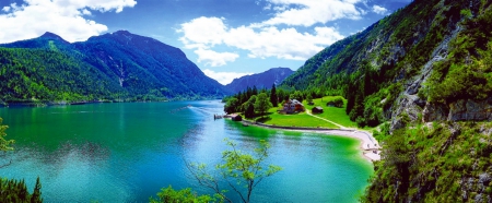 Mountain Lake, Tyrol - forest, mountains, meadow, beautiful, lake, emerald green water, clouds, austria, fjord of the alps, house