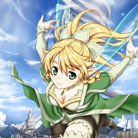 Fly like a Wind - nice, beauty, sky, female, blond, anime girl, sao, leafa, blond hair, pretty, cloud, blonde hair, anime, lyfa, sword art online, fly, girl, long hair, lovely, flying, green eyes, beautiful, sweet, fairy, blonde, float