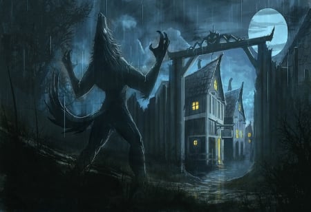 Night Of The Werewolf - werewolf, village, moon, night