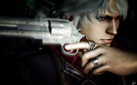 Nero - gun, Nero, man, black, devil may cry, fantasy, hand, ring, face