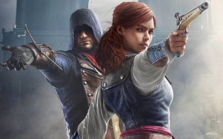 Assassins Creed - game, gun, assassins creed, girl, art, fantasy, couple, woman, man