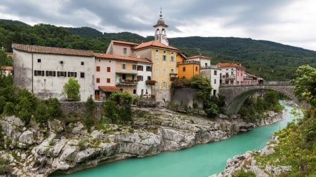 Soca River in Slovenia - slovenia, houses, architecture, rivers, buildings