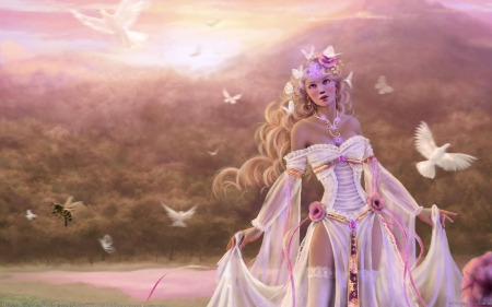 Sorceress - bird, sorceress, dove, dress, girl, blonde, pink, fantasy, white, woman, art